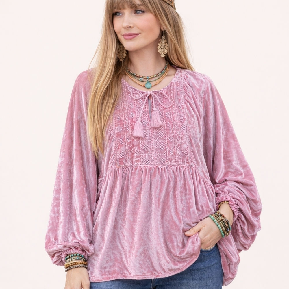 Ivy Jane Pink Velvet Embroidered Boho Peasant Blouse Tunic Artsy Cottagecore M/L